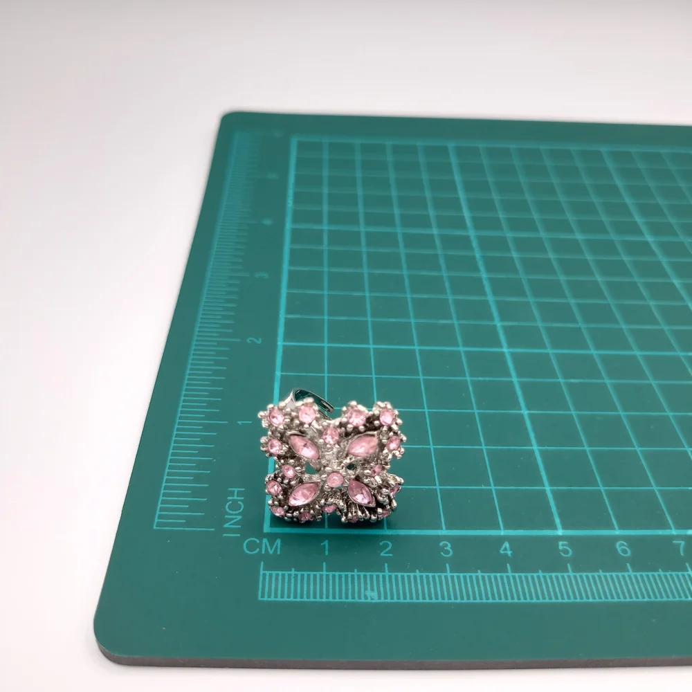 Pink Rhinestone Floral Cluster Ring Silver Tone Adjustable Statement - Picture 8 of 8